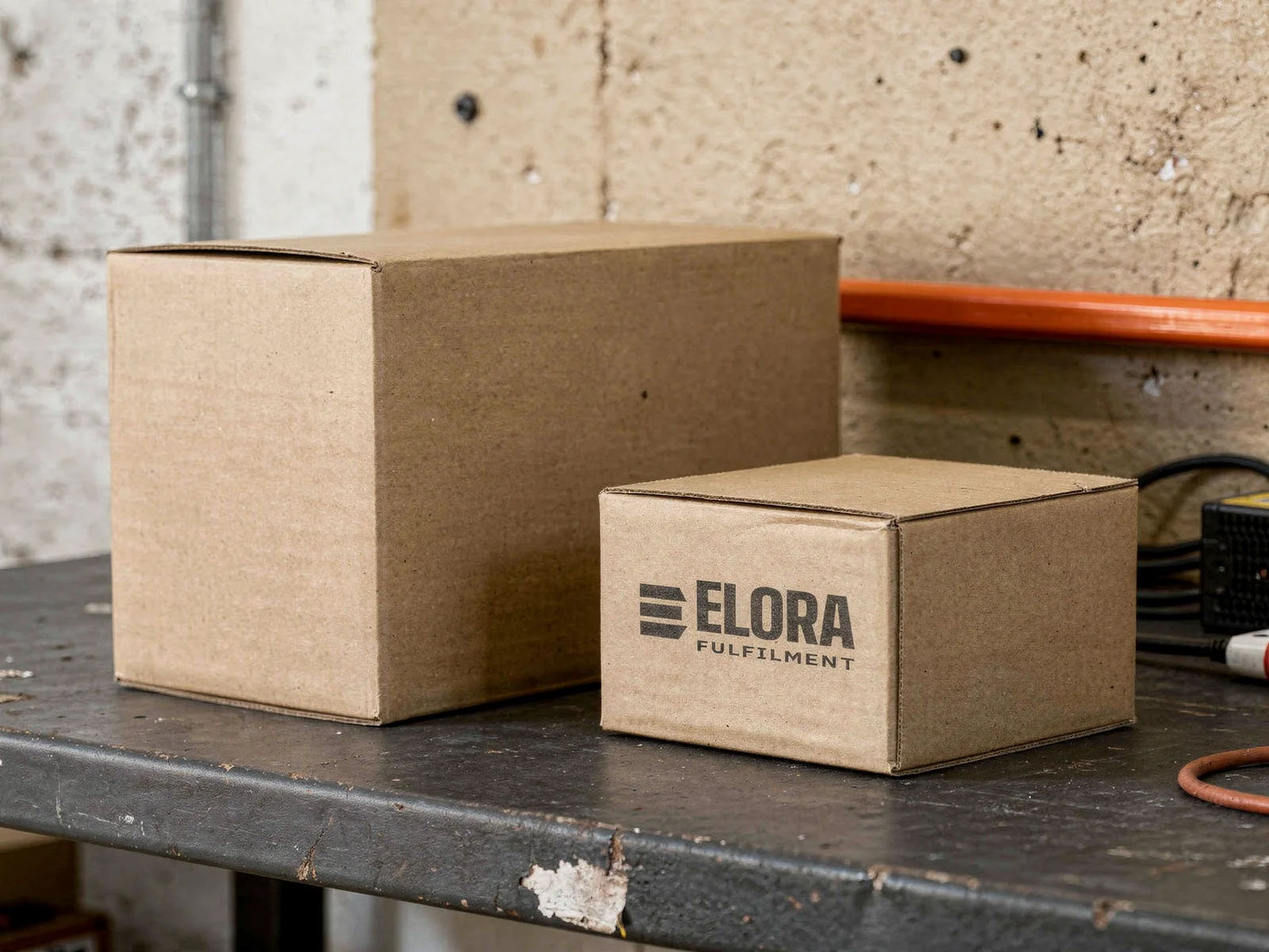 Sfeerbeeld van Elora-pakketten met oranje tape, klaar voor verzending.